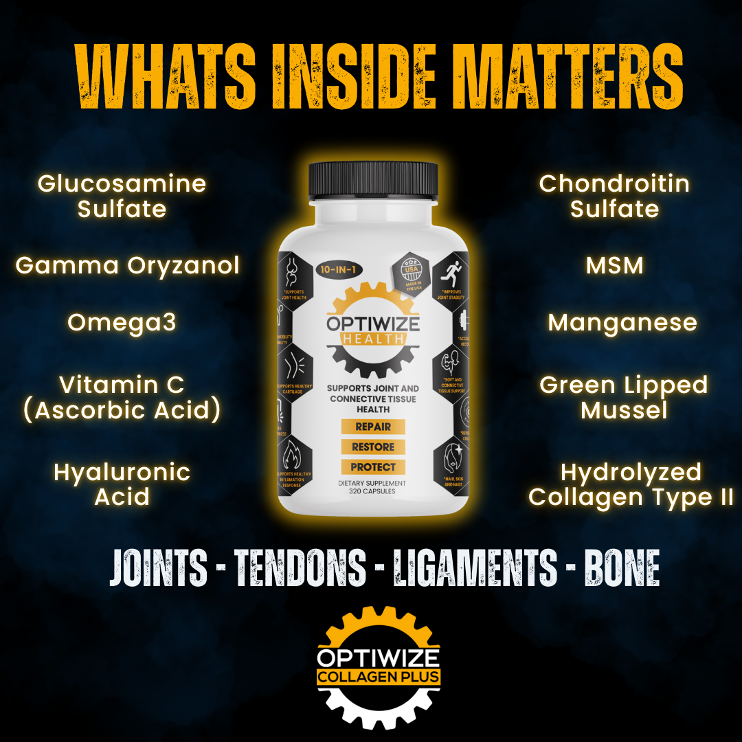 Optimize Health supplement bottle with ingredients listed on a dark background