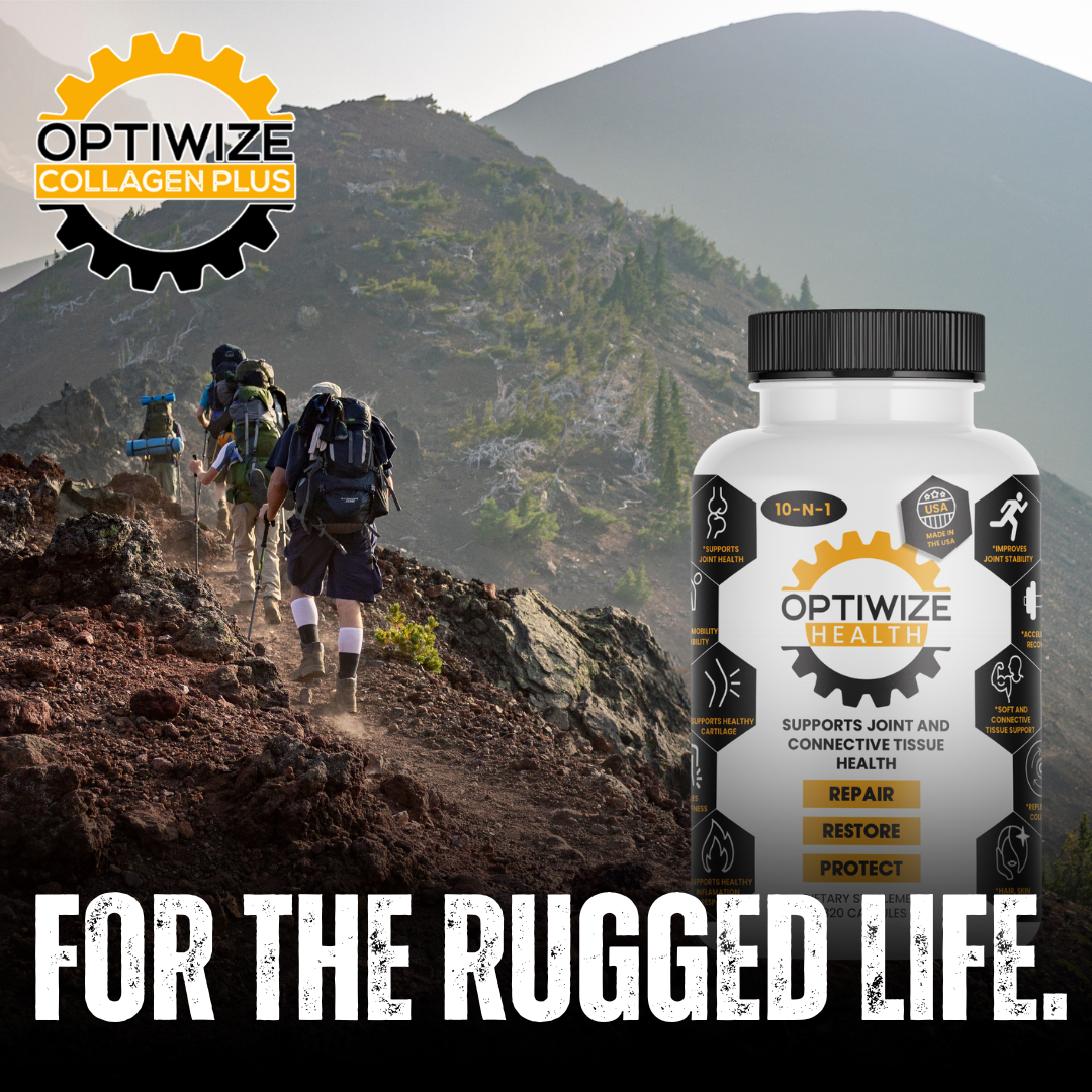 Optiwize Collagen Plus supplement bottle with hikers on a mountain background