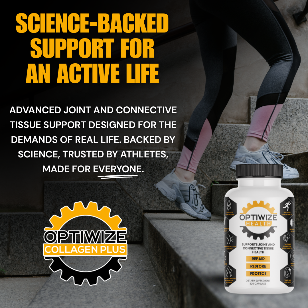 OptiWize Collagen Plus supplement bottle with text about science-backed support for an active life.