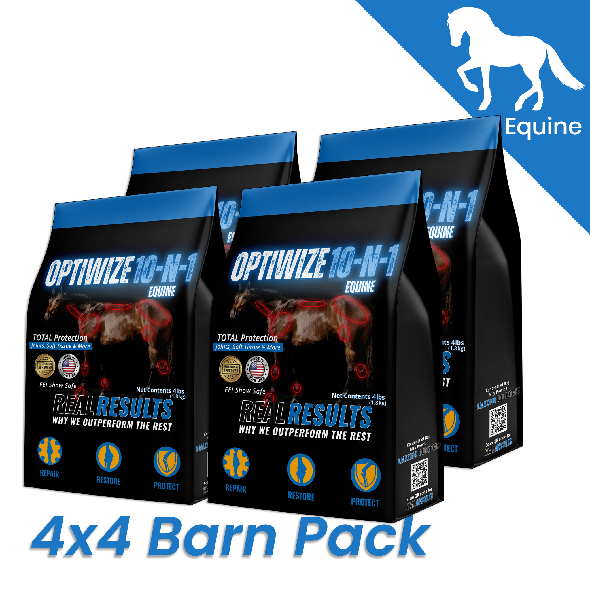 Four packages of OptiWize 10-N-1 Equine supplement.