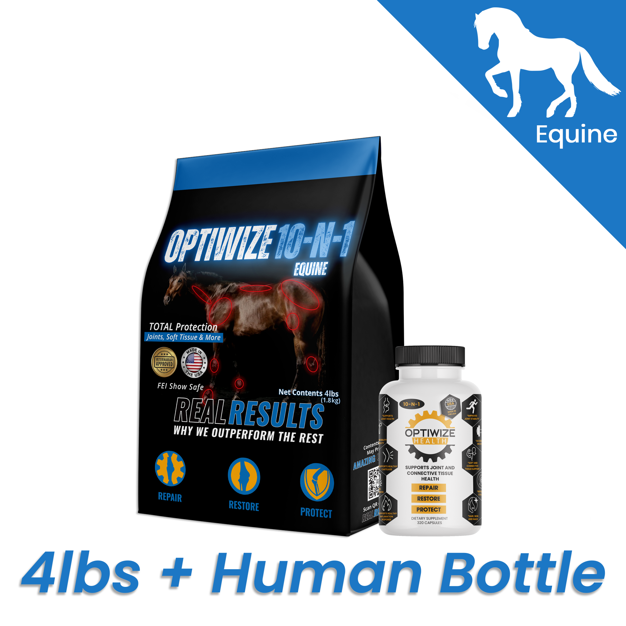 Optimize 10-N-1 Equine supplement package with a human bottle.