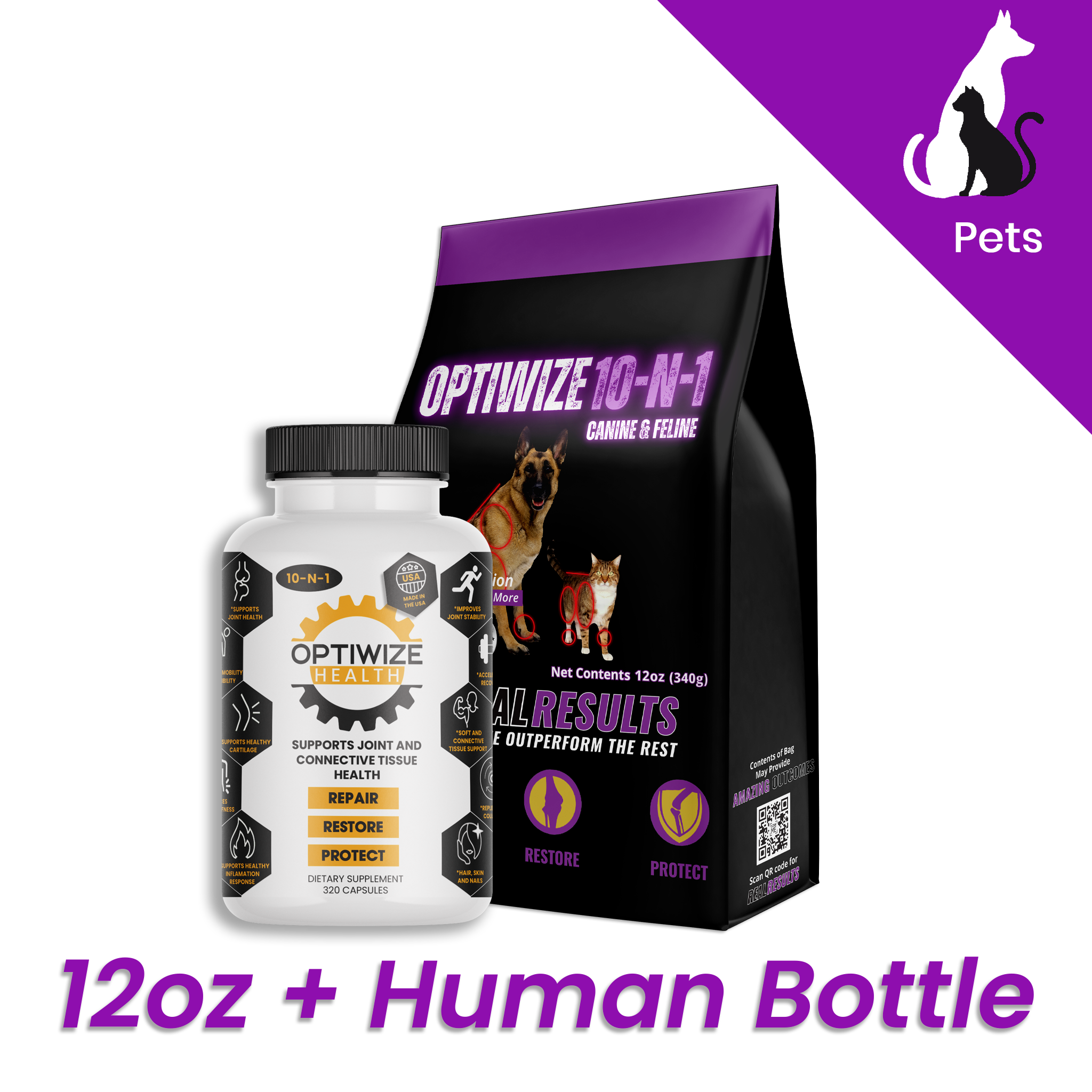 Optiwize pet supplement with human bottle and bag