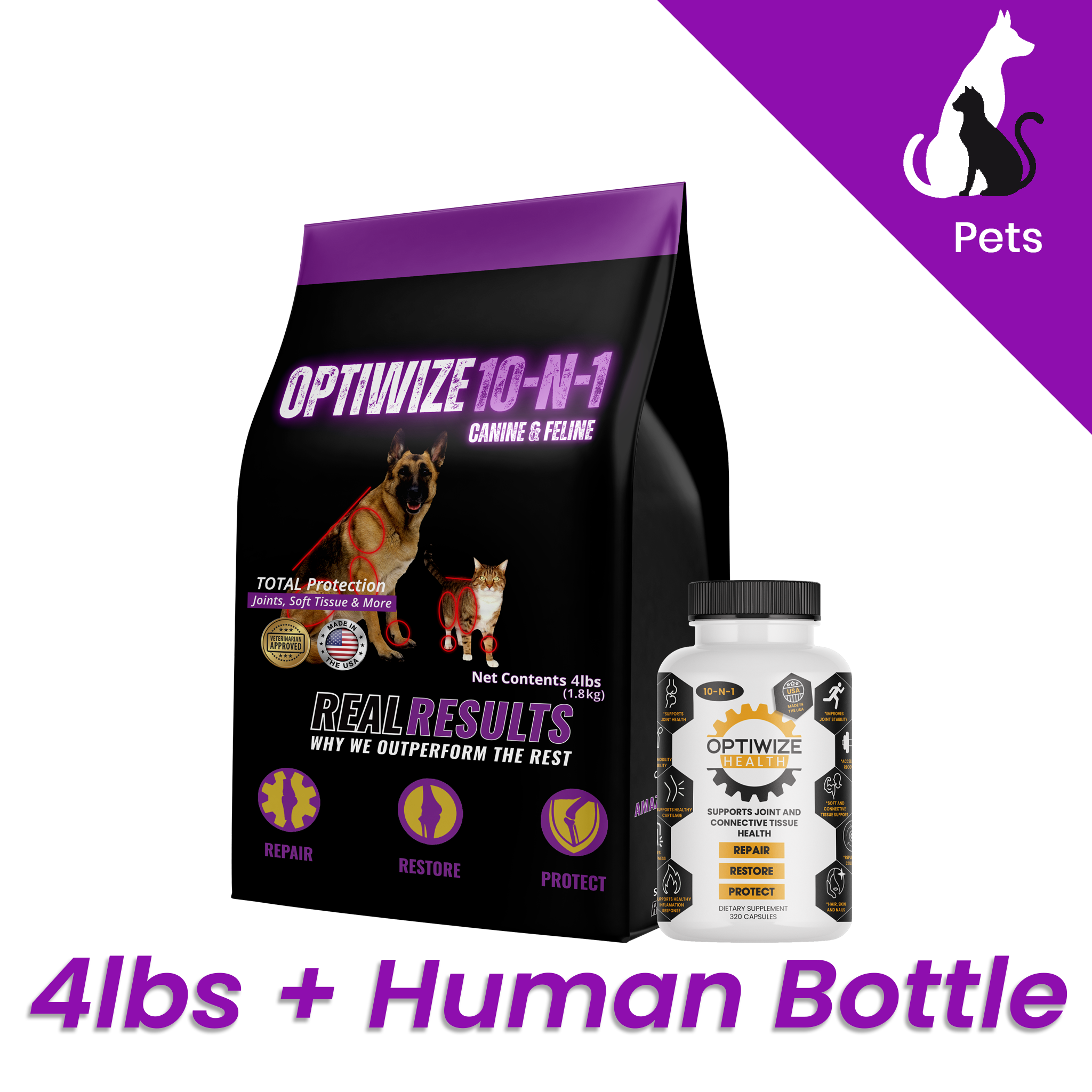 Optiwize 10-N-1 pet food package and human bottle
