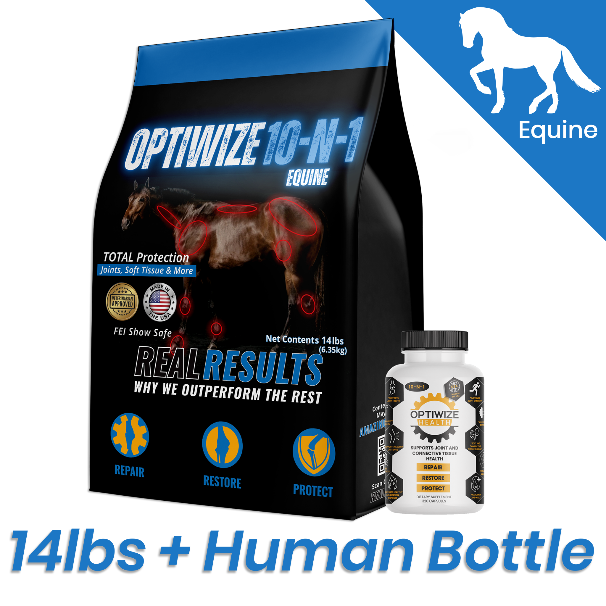 Optiwize 10-N-1 Equine supplement package with a human bottle.